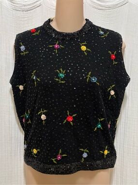 Vintage 50s 60s Cyn Les Hand Beaded Wool Angora Shell Top Knit Blouse Black Sz38